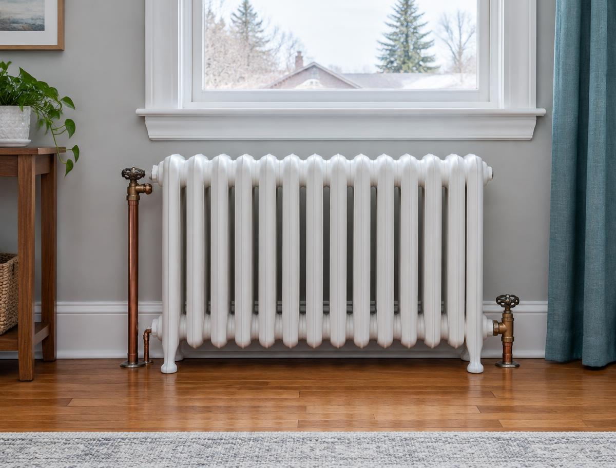 Illustrative hot-water radiator with exposed inlet and outlet pipe connections