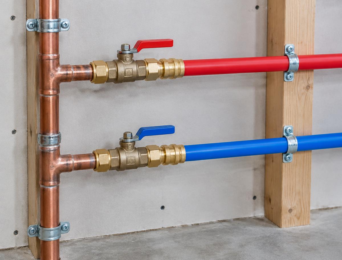 Illustrative copper and red and blue PEX water pipes with accessible shut-off valves; not a customer project