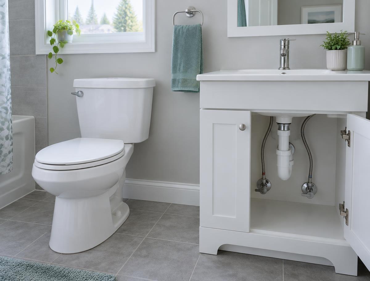 Illustrative bathroom with a toilet, vanity sink and accessible plumbing connections