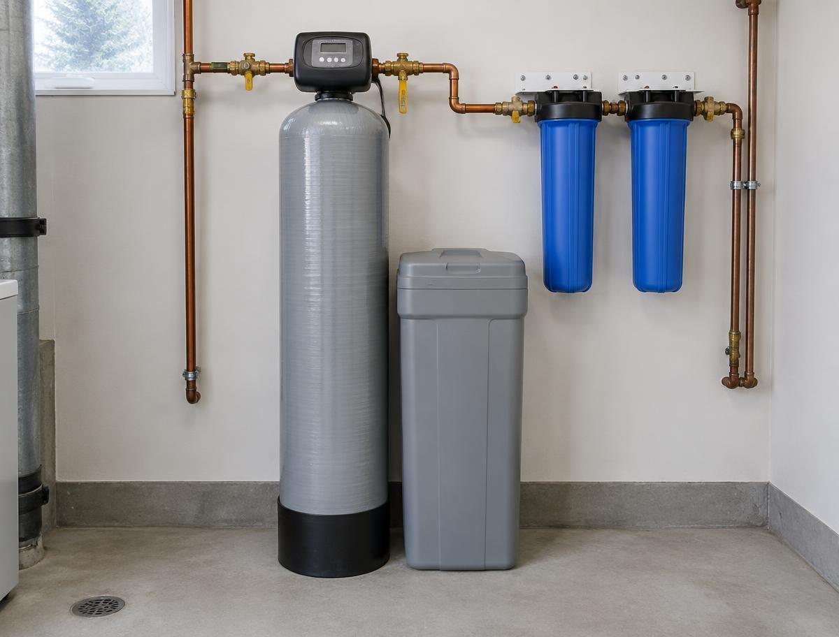 Generated illustration of a water softener, brine tank and two filter housings; not a customer installation